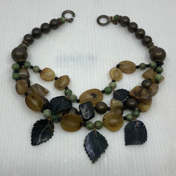 Vtg 1980 LES BERNARD INC. chunky glass brass agate stone beads leaves statement - Picture 1 of 3